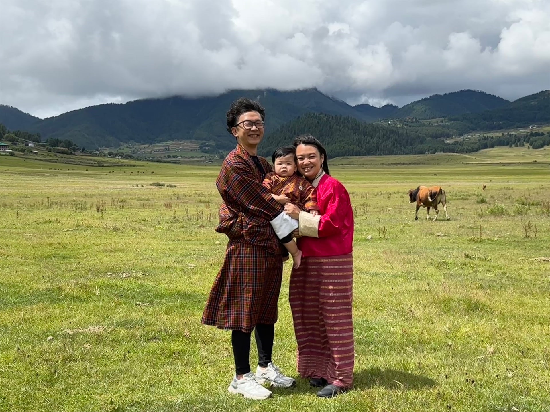 Family in traditional attire in Gangtey